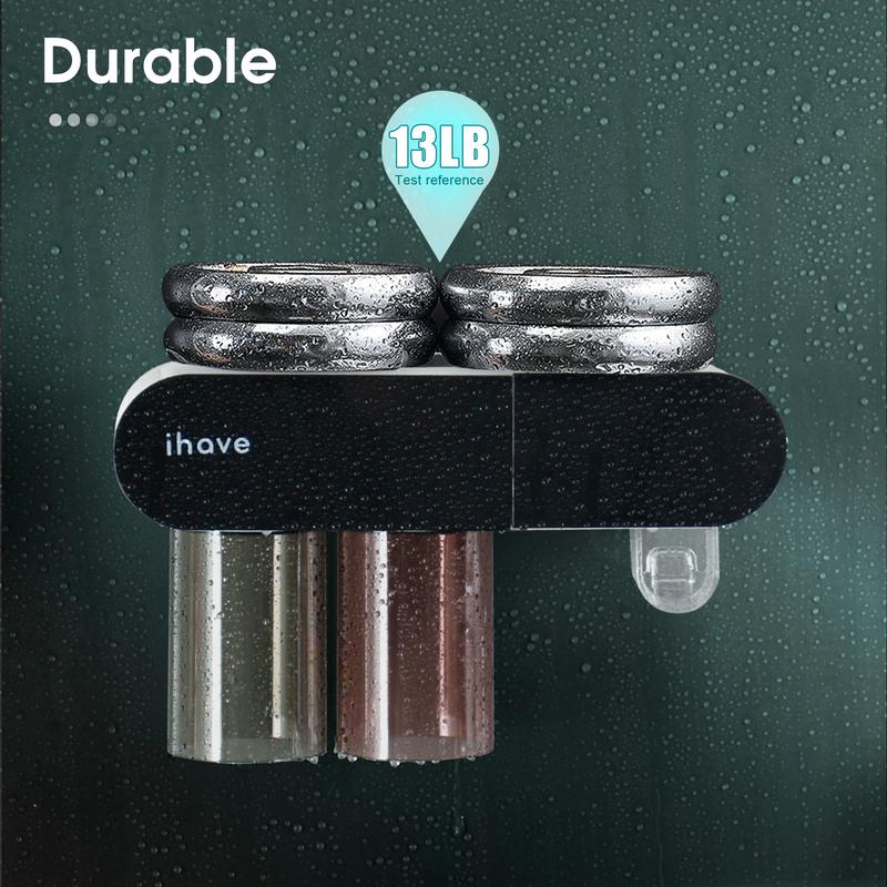 iHave Toothbrush Holders, 2 Cups Toothbrush Holder Wall Mounted with Toothpaste Dispenser Bathroom Accessories