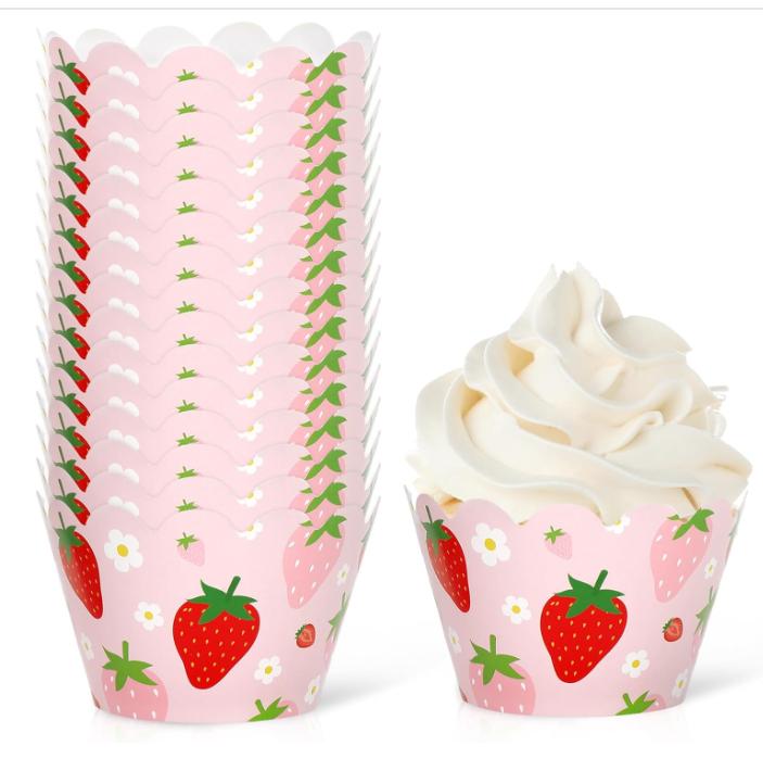 36Pcs Strawberry Cupcake Wrappers Red Pink Strawberry Flower Cupcake Liners Decorative Cupcake Holders for Birthday Baby Shower Party Cake Decoration