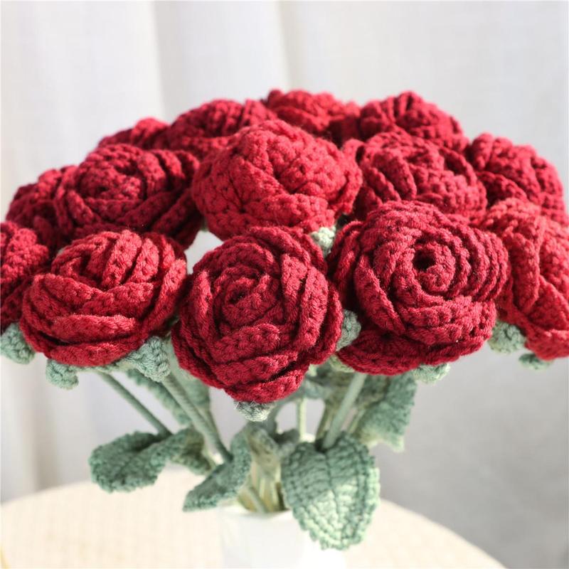 Handmade Knitted Rose, Summer Home Decor Diy Artificial Rose Faux Flowers, Decorative Flower without Vase, Diy Decorative Flowers Bouquet Ornaments for Flower Vase, Room  Flower Arrangement Decor, Bedroom Decor, Fall Decor, Men Gifts