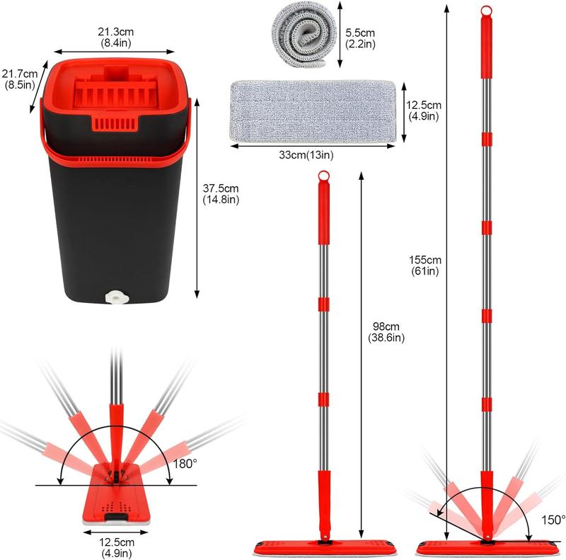 Lazy Flat Mop with Bucket and 3 Microfiber Mop Heads, Hand Adjustable Cleaning Tool for Home, Box Pet Round - Set