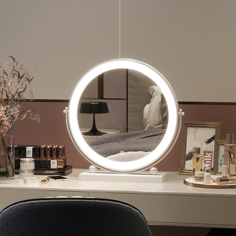 13 Inch Vanity Mirror with Lights, Round Make Up Mirror with Lighting, LED Mirror Makeup Mirror with Lights for Bedroom Tabletop, Smart Touch Control, 360 Rotation (White)