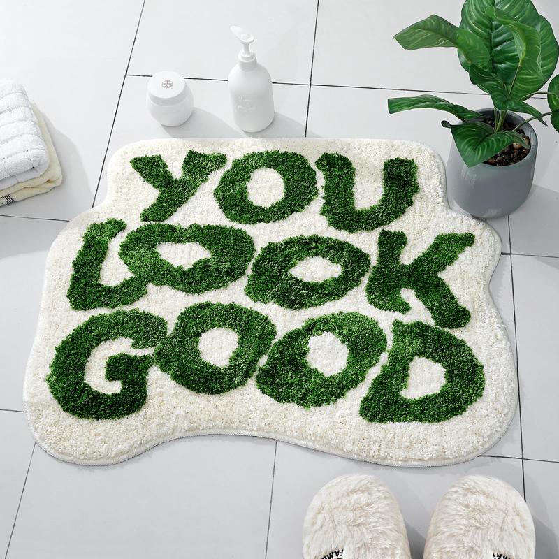 Letter Slogan Bath Mat You Look Good,Green Cute Bathroom Rugs, Soft Non Slip Aesthetic Fun Shower Rug for Bathroom Decor,Bathtub