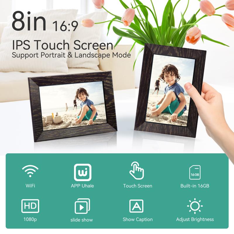 Digital Picture Frame 8 Inch Digital Photo Frame WiFi, 1280x800 IPS HD Touch Screen Smart Frame, 16GB Storage, Auto-Rotate, Wall Mountable, Share Photos Videos Instantly via Uhale App from Anywhere