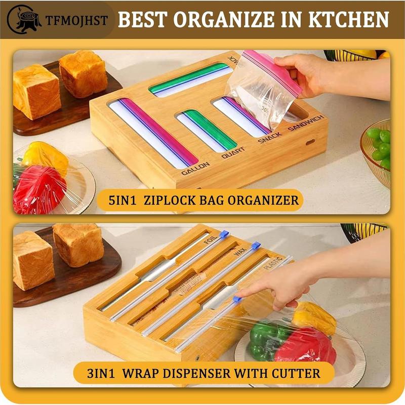 Bamboo Storage Box, 1 Count Plastic Wrap Organizer, Ziplock Bag Storage Box, Home Organizer for Kitchen, Kitchen Accessories