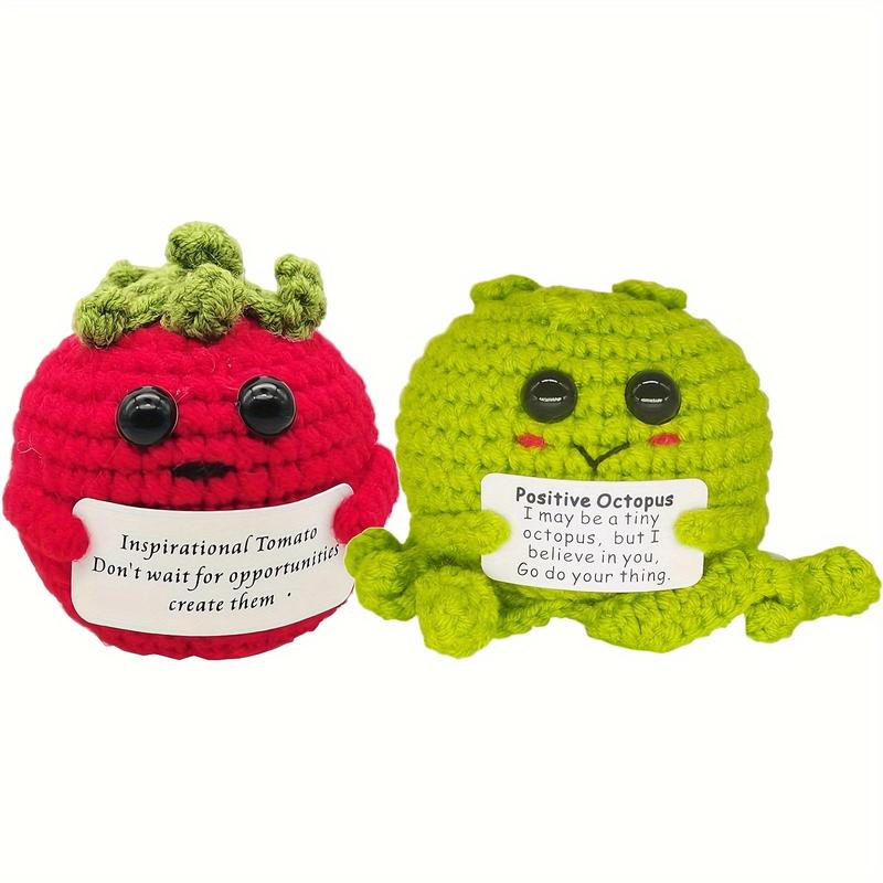 Cute Positive Funny Tomato & Octopus with Card, 2 Counts Crochet Knitted Cheer Up Creative Gifts for Emotional Support Pickled Gift Party Decoration