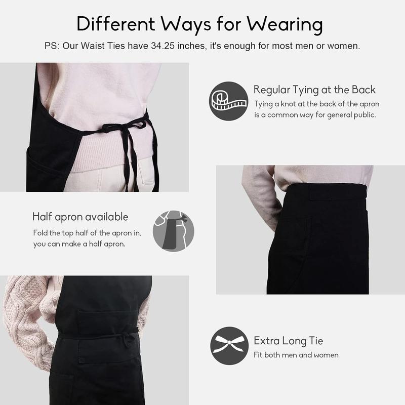 Cotton Black Bib Apron 2 Pack with 4 Pockets Adjustable Straps Cooking Baking BBQ Art Aprons for Women Men Adults