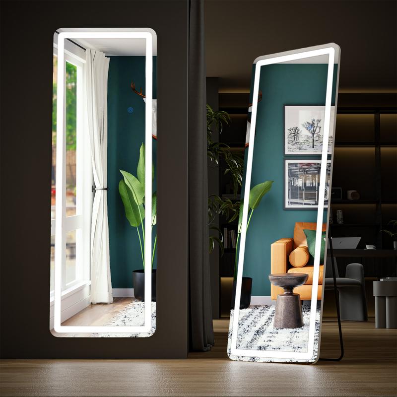 Crafted Comforts LED Illuminated Floor Mirror with Stand, 64”x21” - 3 Colors - Durable Decor Wall Glass Light, Upgraded Nano Glass Standing Switch