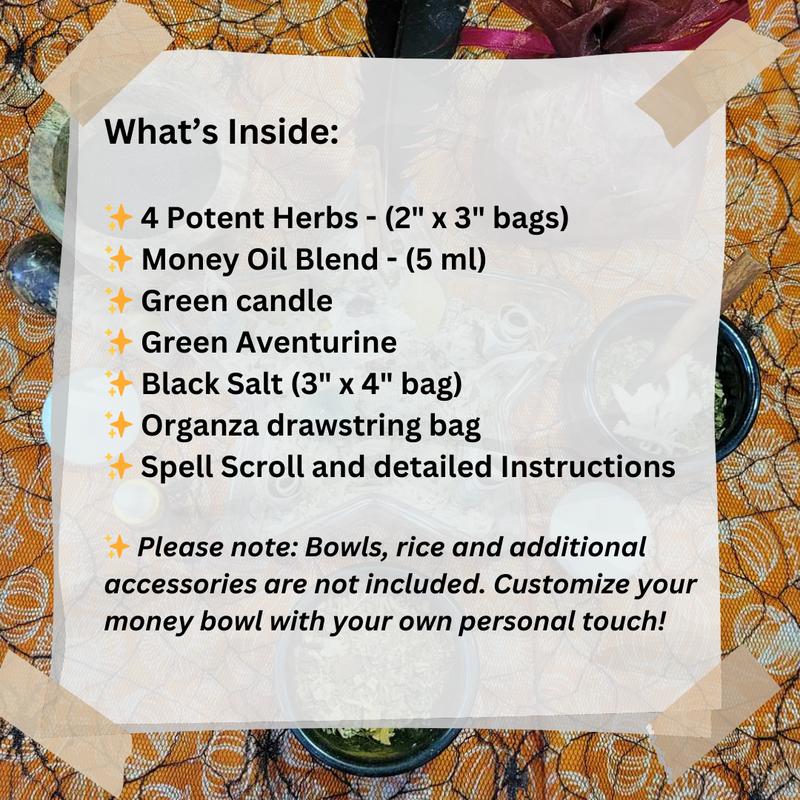 Spell Kit - Money Bowl, for Abundance & Prosperity | DIY Witchcraft Supplies with Herbs, Oil, Salt, Candle, Stone and Spell