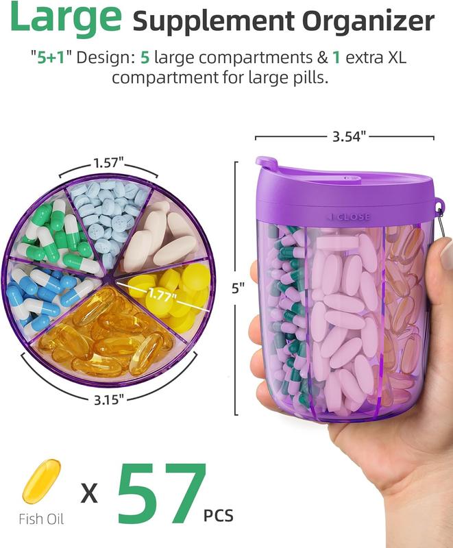 Container Large Supplement Organizer Bottle, Holds 6 Vitamins, Anti-Mixing Design, Easy Retrieval, Includes 20 Labels, Purple  Tin Strap Canister