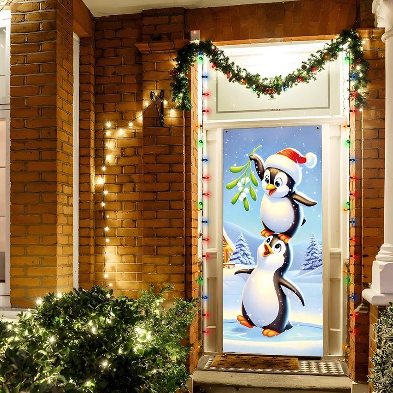 Penguin Pattern Christmas Themed Door Banner, 1 Count Cute Cartoon Penguin Door Hanging Banner, Festive Backdrop for Home Living Room Bedroom