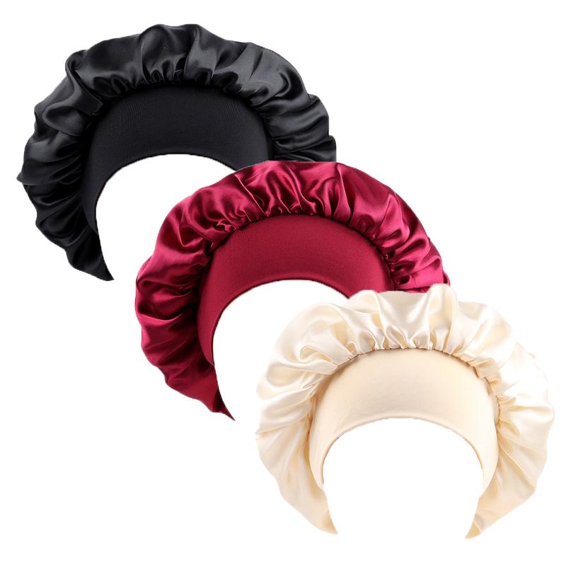 Luxurious Satin Bonnet Trio for Hair Care Set of 3 Bonnets for Black Women Men Silk-Lined Bonnets for Sleeping Hair Protection Shower