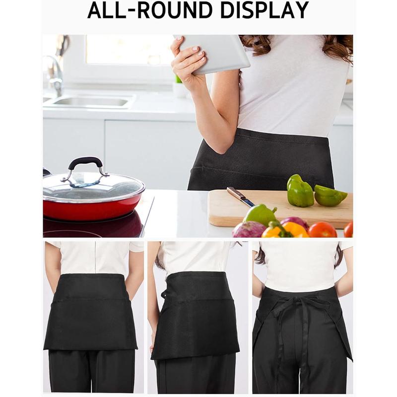 3 Pack Server Aprons with 3 Pockets, Waterdrop Resistant Waitress Waiter Waist Apron, 11.5-inch Black