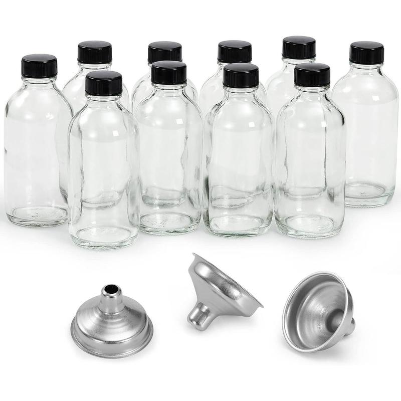 10 count, 4 oz Small Clear Glass Bottles with Lids & 3 Stainless Steel Funnels - 120ml Boston Round Sample Bottles for Potion, Juice, Ginger Shots, Oils, Whiskey, Liquids - NO Leakage