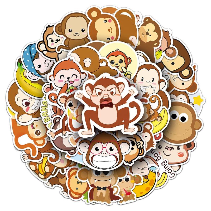 50pcs set Cartoon Monkey Pattern Sticker, Waterproof Self Adhesive Decor Paper, Decor Sticker, Greeting Card Water Bottle Laptop Phone