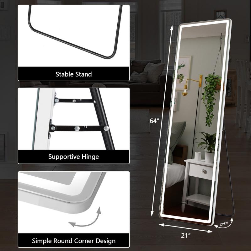 Crafted Comforts LED Illuminated Floor Mirror with Stand, 64”x21” - 3 Colors - Durable Decor Wall Glass Light, Upgraded Nano Glass Standing Switch