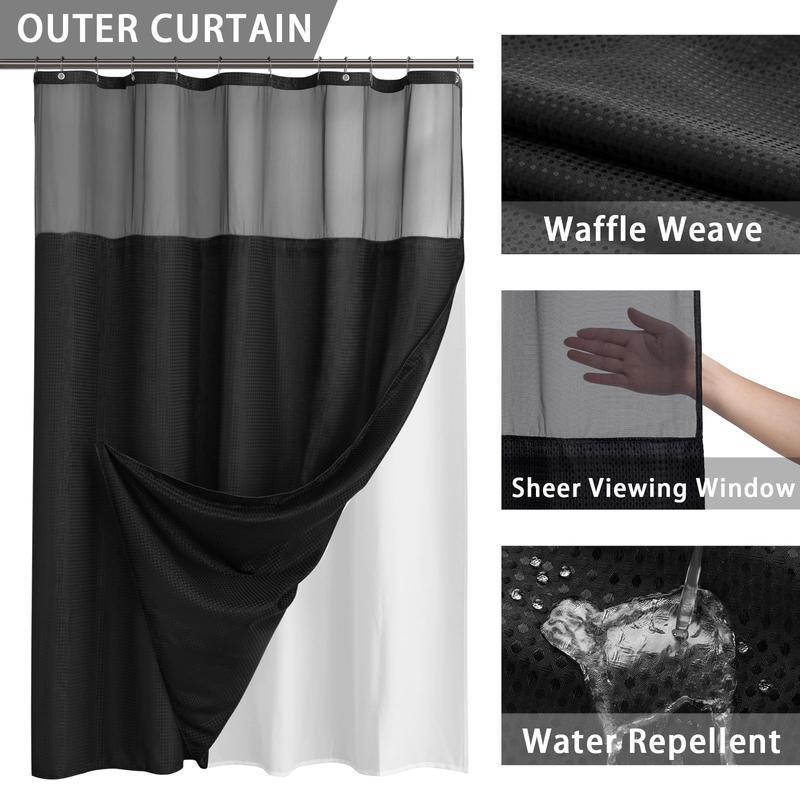 Waffle Weave Shower Curtain with Snap-in Fabric Liner Set, Hotel Style Shower Curtains for Bathroom with Mesh Top Window, 72