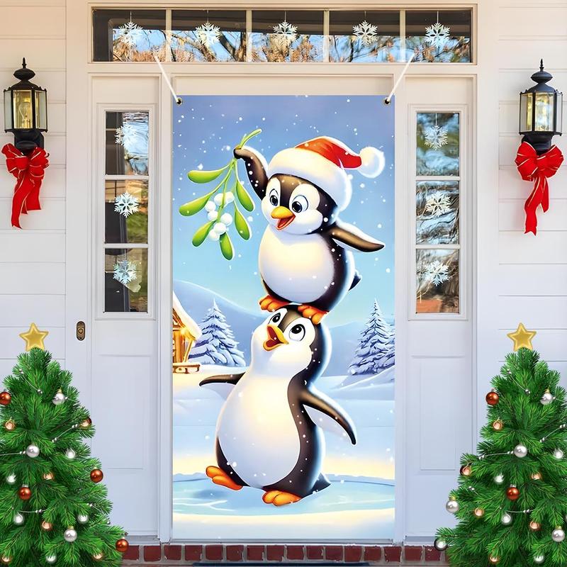 Penguin Pattern Christmas Themed Door Banner, 1 Count Cute Cartoon Penguin Door Hanging Banner, Festive Backdrop for Home Living Room Bedroom