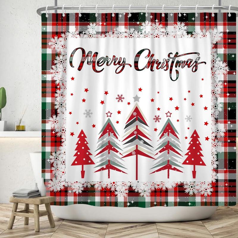 Merry Christmas Shower Curtain Red Green Buffalo Check Plaid Shower Curtain Sets for Bathroom 72x72 in with 12 Hooks