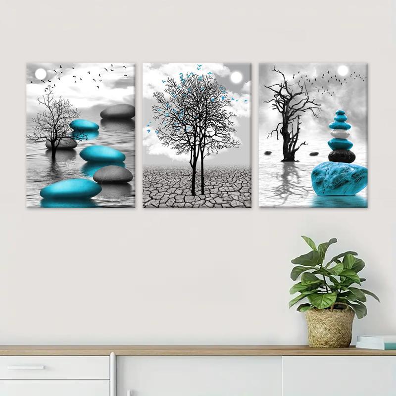 Wooden Framed Canvas Painting, 3 Counts set Abstract Plant Pattern Wall Art, Wall Decor for Home Living Room Bedroom Office, Home Decor 2025