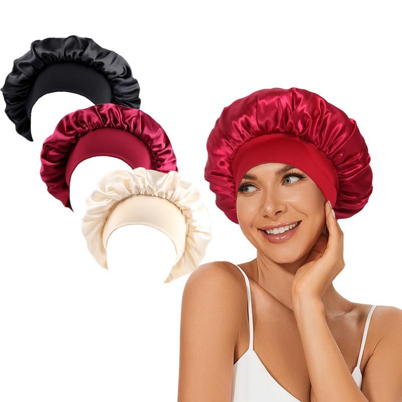 Luxurious Satin Bonnet Trio for Hair Care Set of 3 Bonnets for Black Women Men Silk-Lined Bonnets for Sleeping Hair Protection Shower