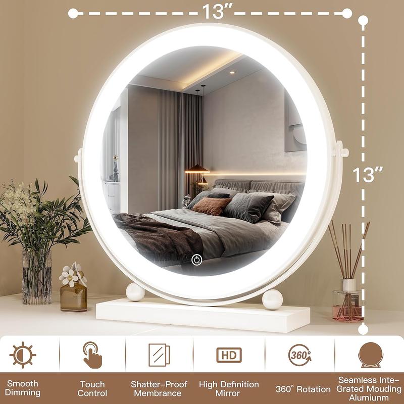 13 Inch Vanity Mirror with Lights, Round Make Up Mirror with Lighting, LED Mirror Makeup Mirror with Lights for Bedroom Tabletop, Smart Touch Control, 360 Rotation (White)