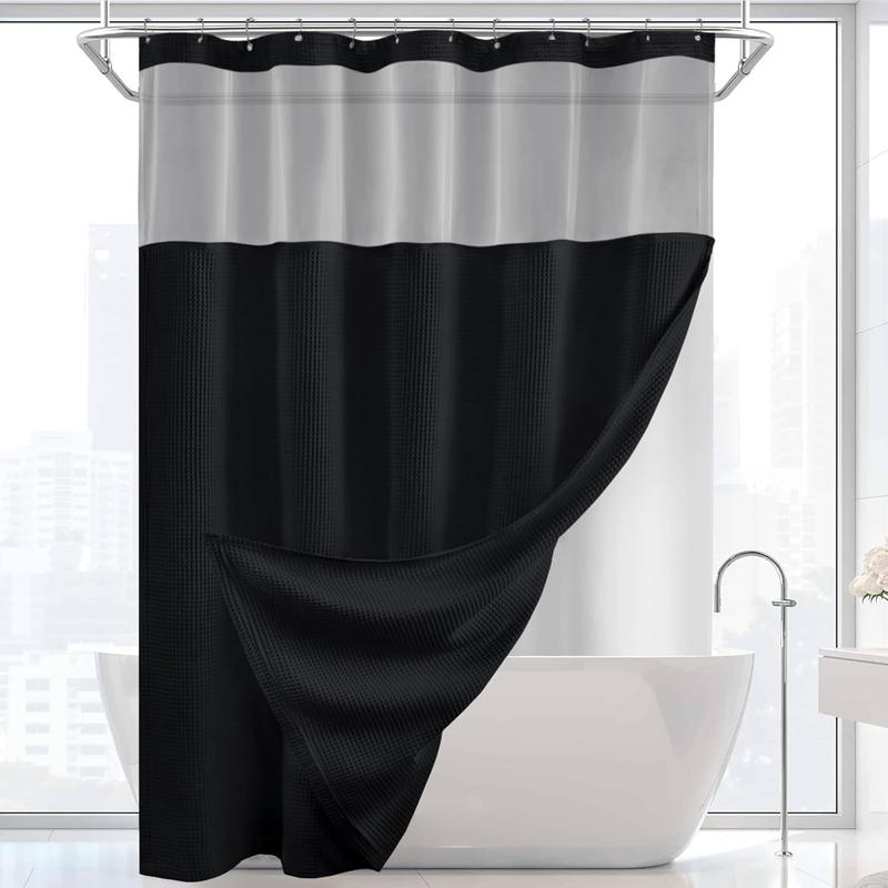 Waffle Weave Shower Curtain with Snap-in Fabric Liner Set, Hotel Style Shower Curtains for Bathroom with Mesh Top Window, 72