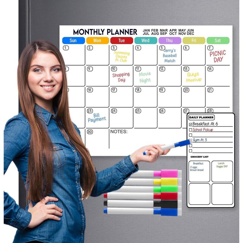 Acrylic Magnetic Fridge Calendar Meal Planner Dry Erase Menu Board, 32 PCS Clear Monthly & Weekly 16