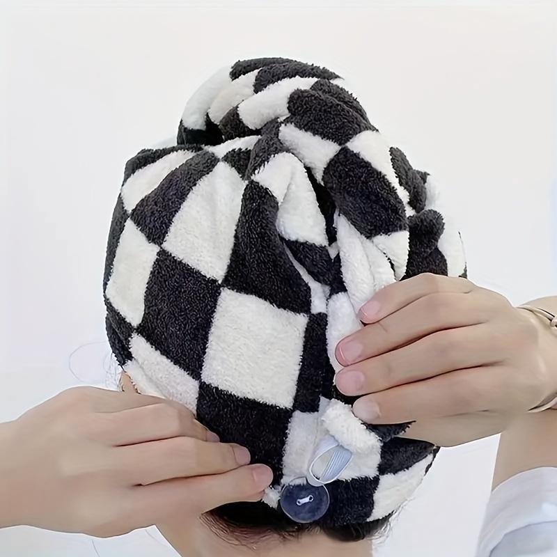 Checked Pattern Hair Drying Towel, Soft Absorbent Thickened Hair Towel with Random Color Button, Hair Towel Wrap for Women & Girls