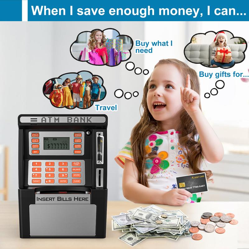 ATM Piggy Bank for Kids for Real Money Safe with Debit Card, Coin Recognition,Decor Ornaments,Bill Feeder,Balance Calculator, Digital Electronic Kids Piggy Bank Boalord for Boys Girls