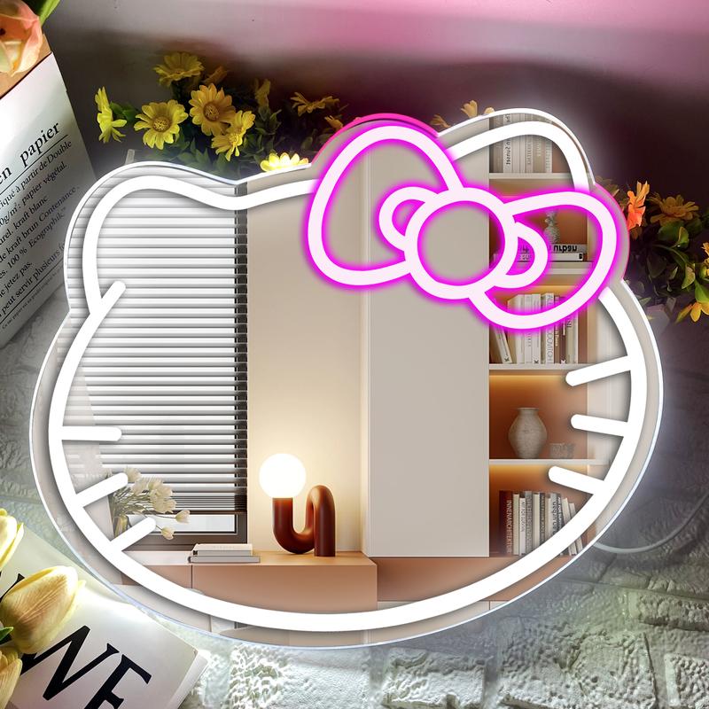 Kitty face Home Decor Mirror Kitty face shape Mirror, Bedroom Wall Mirror, Anime Neon Sign for Dresser, Locker Room,Living Room, Neon Light up Acrylic Mirror with Dimmable