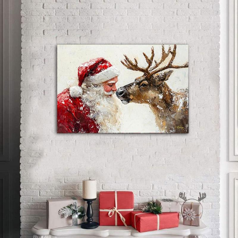 Christmas Santa Claus & Reindeer Wooden Frame Canvas Painting, 1 Count Winter Scene Wall Art, Wall Decor for Home Living Room Bedroom