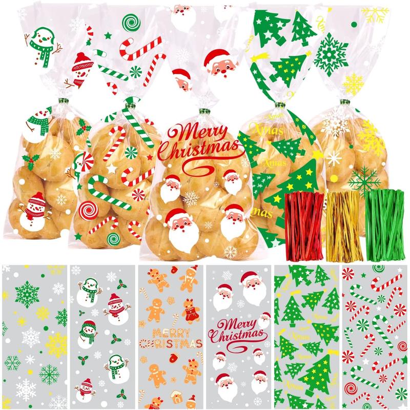 120PCS Christmas Cellophane Candy bags, Xmas Cello Treat Goody Bags with Ties for Christmas Holiday Party Favors