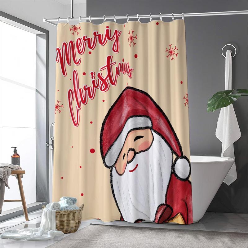 Santa Claus Pattern Bathroom Shower Curtain, 1 Count Merry Christmas Themed Bath Curtain with 12pcs Hooks, Bathroom Decoration Supplies for Home Dormitory Hotel