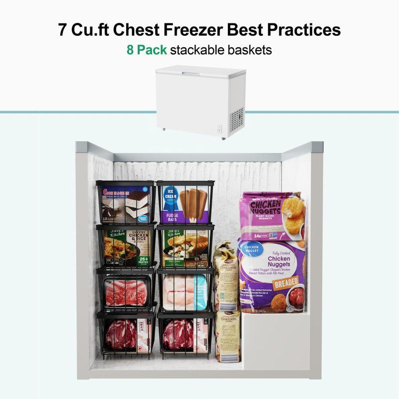 Deep Freezer Organizer Bins, Stackable Baskets for 7 Cu.FT Deep Chest Freezer Sort Frozen Meats, with Handle Add Space Easy Reach Boxes