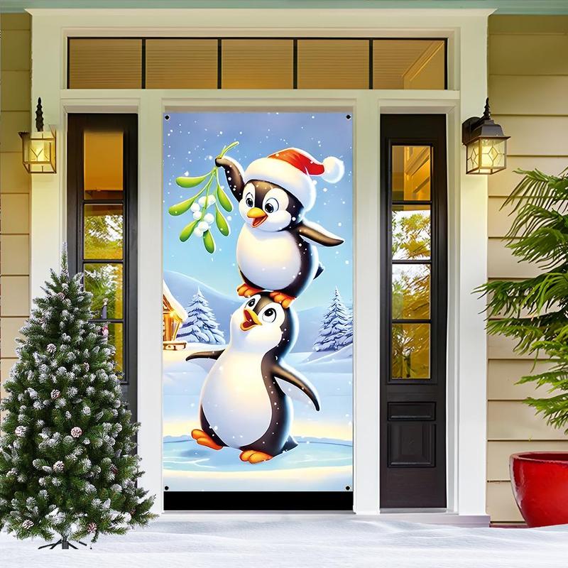 Penguin Pattern Christmas Themed Door Banner, 1 Count Cute Cartoon Penguin Door Hanging Banner, Festive Backdrop for Home Living Room Bedroom