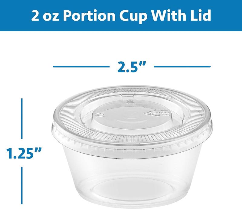 100 cups with lid -2 oz transparent plastic container with leak proof lid - compact food storage for controlling portions, 2 oz (approximately 56.7 g), sauce, liquid, dipping sauce