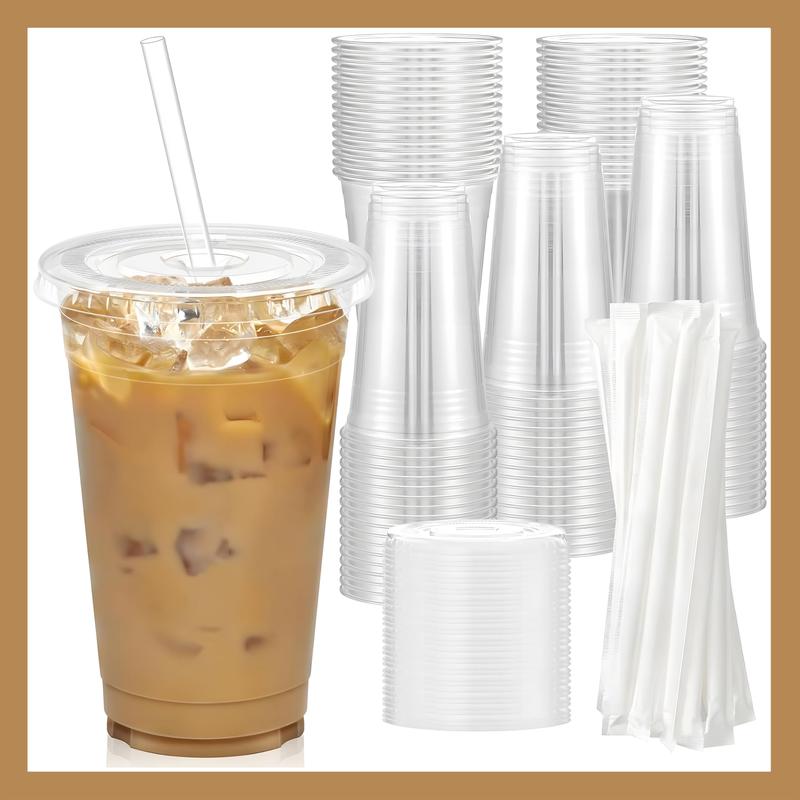 16oz Clear Plastic Cup with Straw & Lid, 25 50 100 Sets Disposable Coffee Cup, Disposable Tableware for Party & Takeaway Drink