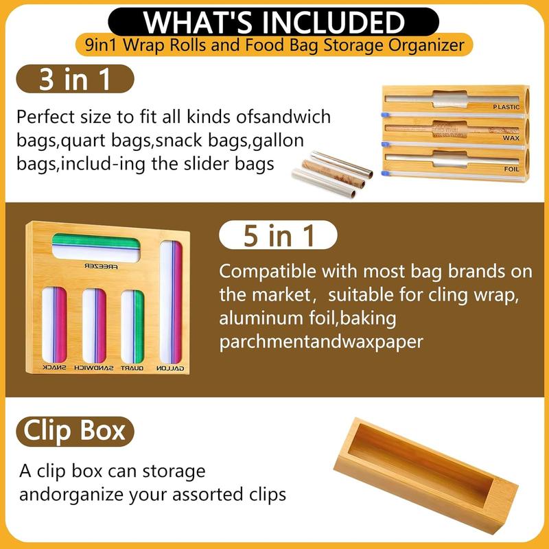 Bamboo Storage Box, 1 Count Plastic Wrap Organizer, Ziplock Bag Storage Box, Home Organizer for Kitchen, Kitchen Accessories