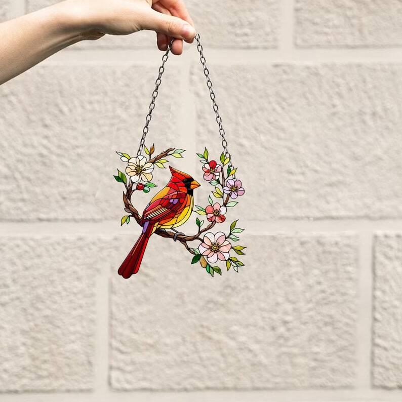 Cardinal Window Hanging, Sakura Flowers Acrylic cardinal with flowers window hangings artwork, bird Window decor, Gift for dad, mom,