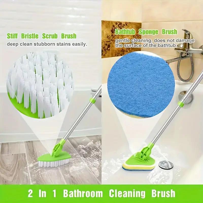 Shower Cleaning Scrub Brush with Long Handle, 1 Set Cleaning Scrubber with 3 Sponge Brush Heads and 1 Stiff Bristle, Cleaning Supplies, Home Care Supplies