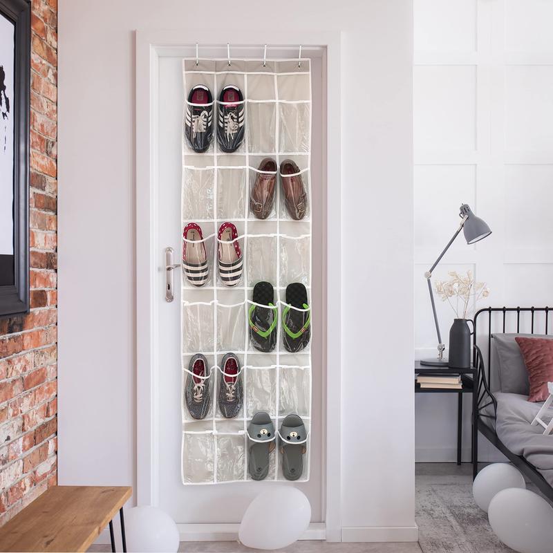 24 Pockets - Crystal Clear Over The Door Hanging Shoe Organizer, Gray (64'' x 19'')