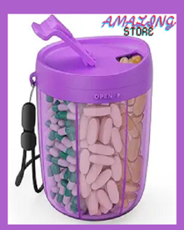 Container Large Supplement Organizer Bottle, Holds 6 Vitamins, Anti-Mixing Design, Easy Retrieval, Includes 20 Labels, Purple  Tin Strap Canister