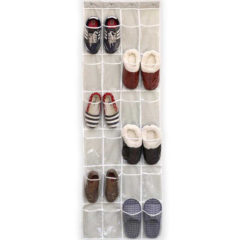 24 Pockets - Crystal Clear Over The Door Hanging Shoe Organizer, Gray (64'' x 19'')