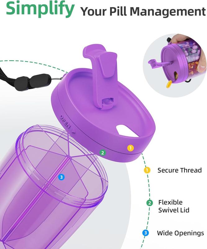 Container Large Supplement Organizer Bottle, Holds 6 Vitamins, Anti-Mixing Design, Easy Retrieval, Includes 20 Labels, Purple  Tin Strap Canister