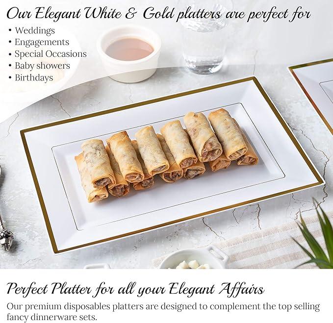 Elegant Plastic Serving Tray & Platter Set (6pk) - White & Gold Rim Disposable Serving Trays & Platters for Food - Weddings, Upscale Parties, Dessert Table, Cupcakes - 8 x 12.85 inches dessert tray