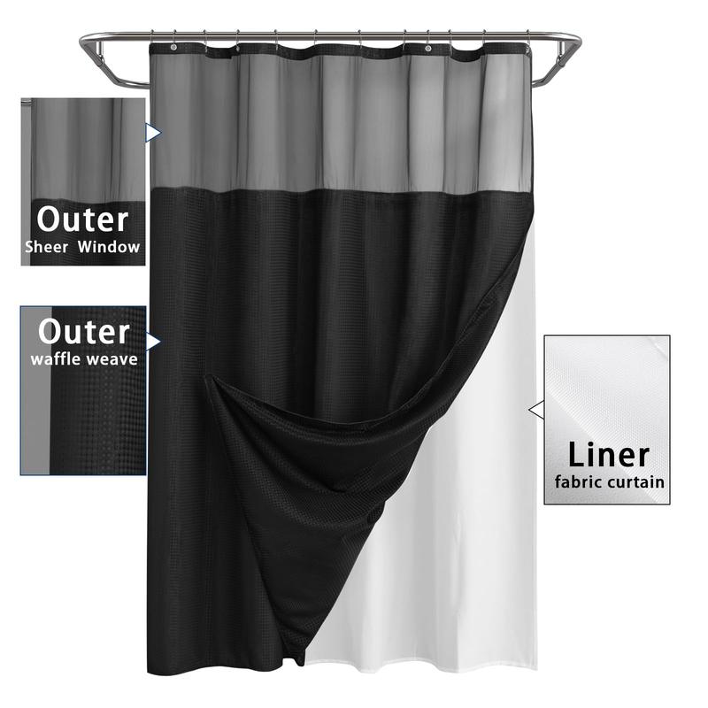 Waffle Weave Shower Curtain with Snap-in Fabric Liner Set, Hotel Style Shower Curtains for Bathroom with Mesh Top Window, 72