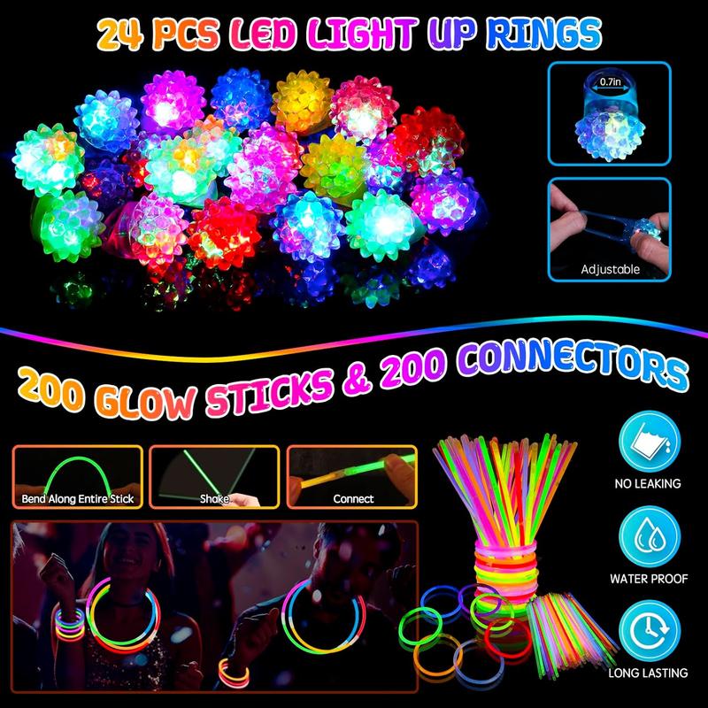 272 count Glow in the Dark Party Supplies, Glow Sticks Bulk Party Pack, 24 count  Glow Sticks, 24 count LED Glasses, 24 count LED Light Up Rings and 200 count Glow Sticks for Neon Party Decorations, Wedding