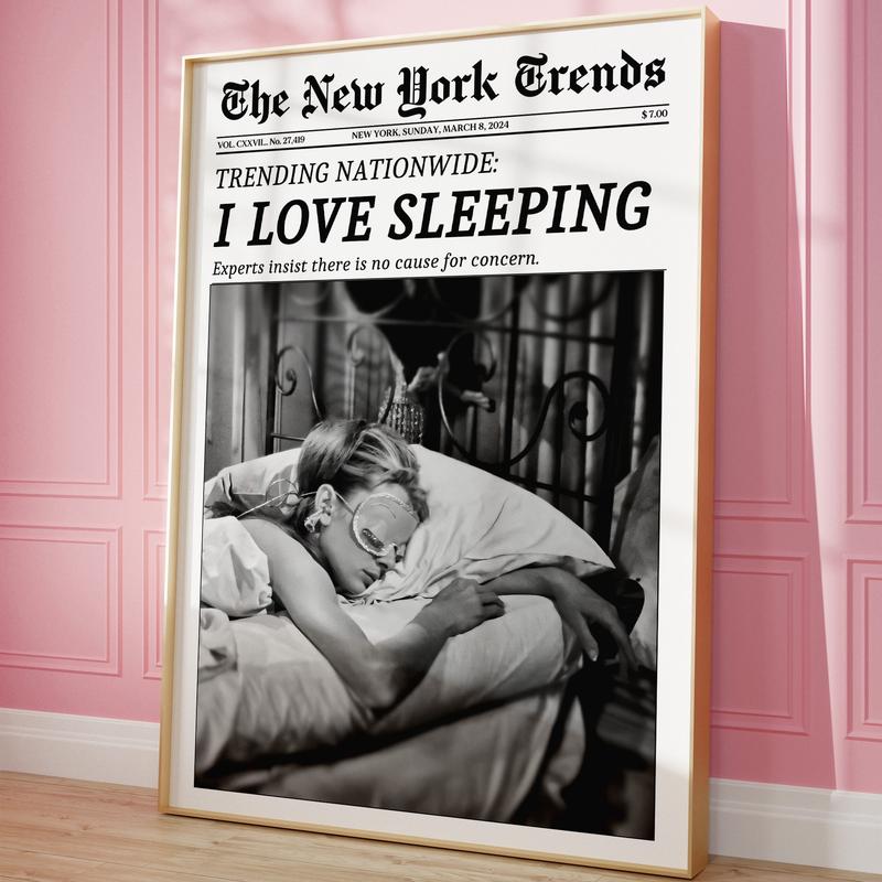 Trendy Newspaper Print, New York Times Wall Art, Woman Sleeping Print, Retro Magazine I Love Sleeping Poster, Vintage Bar Cart Print, Girl Dorm Room Decor