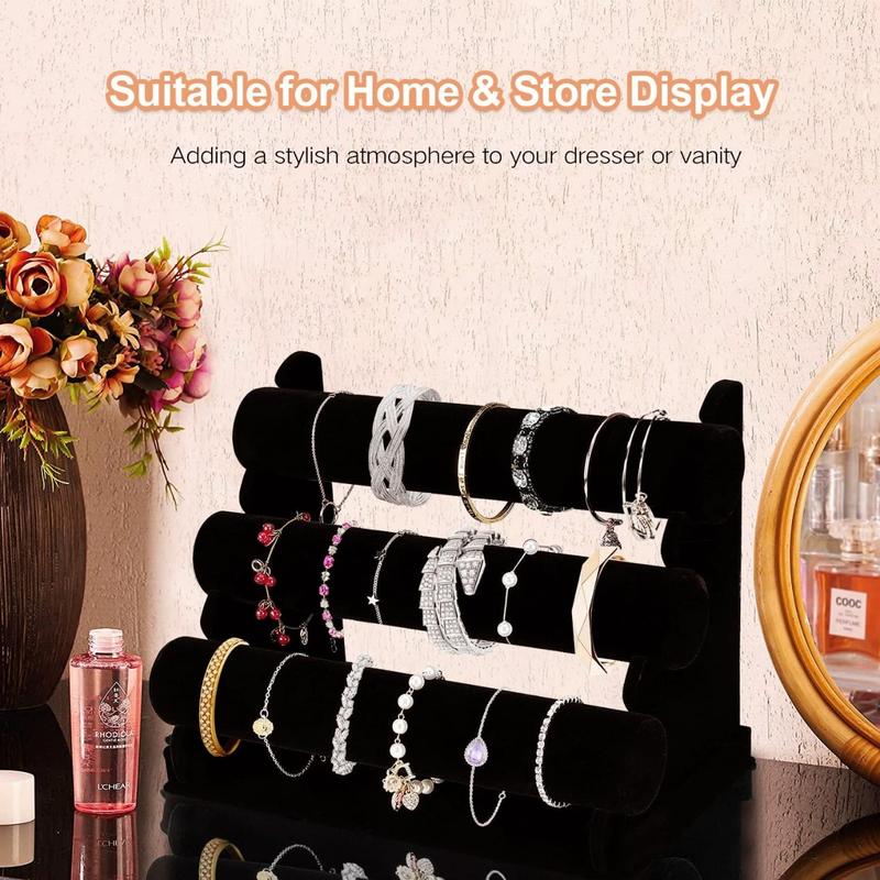 Velvet Bracelet Holder with 3 Tier Rack, Black Detachable Jewelry Display Stand T-Bar Necklace Storage Organizer for Bangles Watch Bracelets Scrunchies Organization Showcase