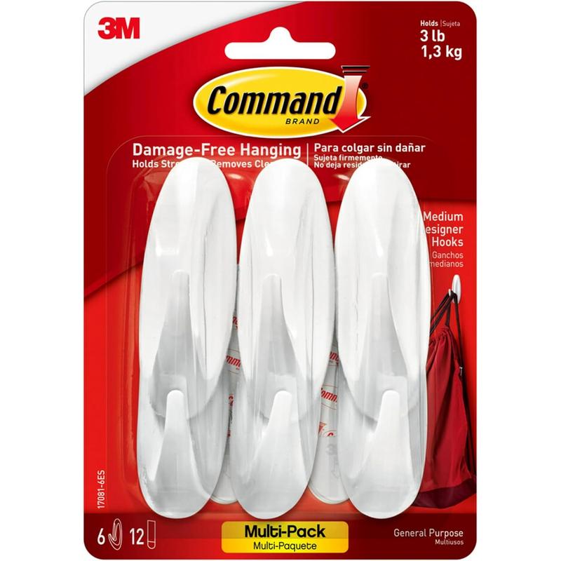 Command Medium Designer Hooks, Holdes up to 3 Lb, 6 Wall Hooks with 12 Command Strips, White, Damage Free Hanging Hooks for Hanging Decorations in Living Spaces Command